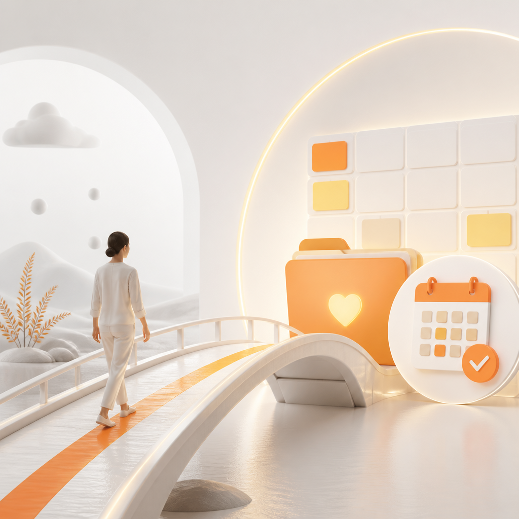 An organized record folder and a calm connecting pathway motif in orange and gold accents, suggesting a catch-up plan without any readable text.