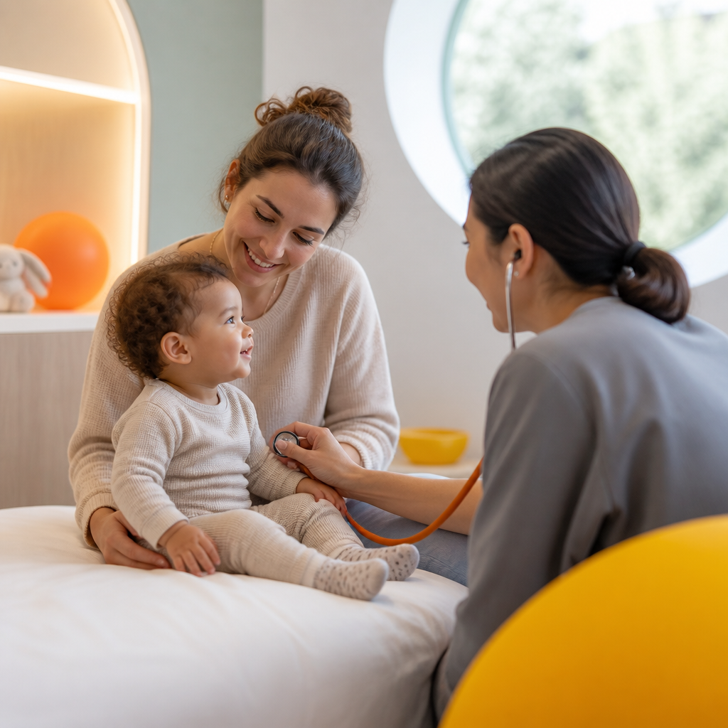 A parent and clinician sharing a reassuring moment in a pediatric exam setting, communicating vaccine safety and mild temporary side effects.