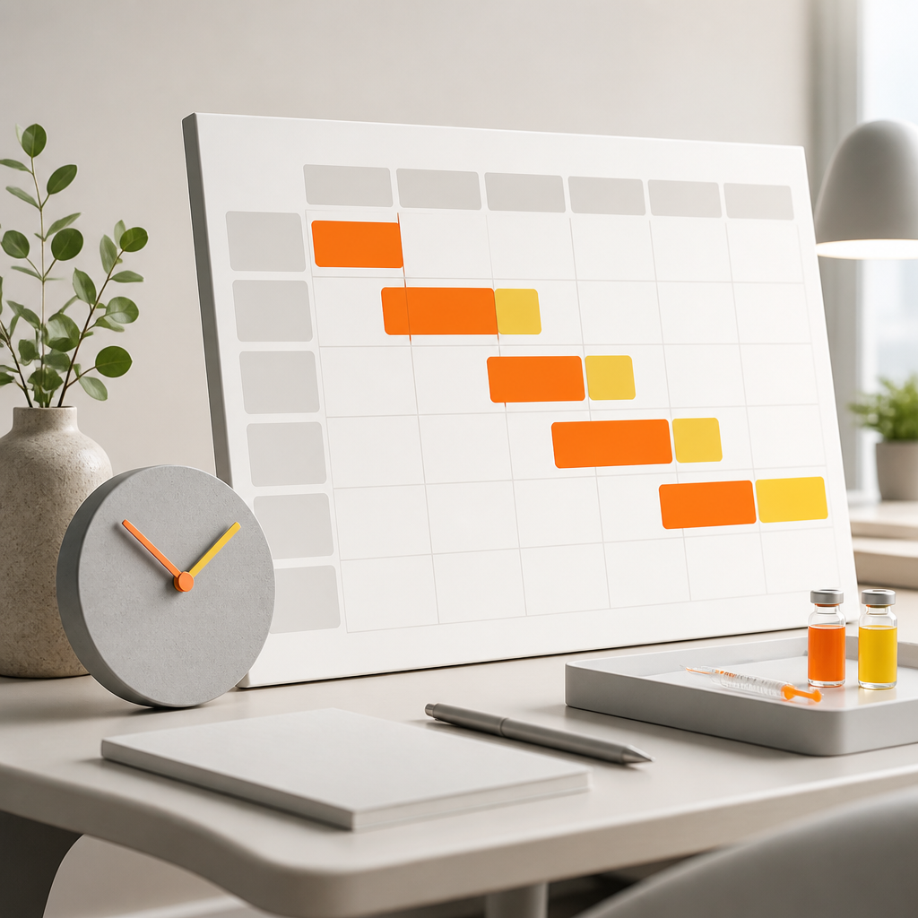 An uncluttered workspace with a blank schedule grid and a clock, visually representing vaccine timing and catch-up planning without any readable text.