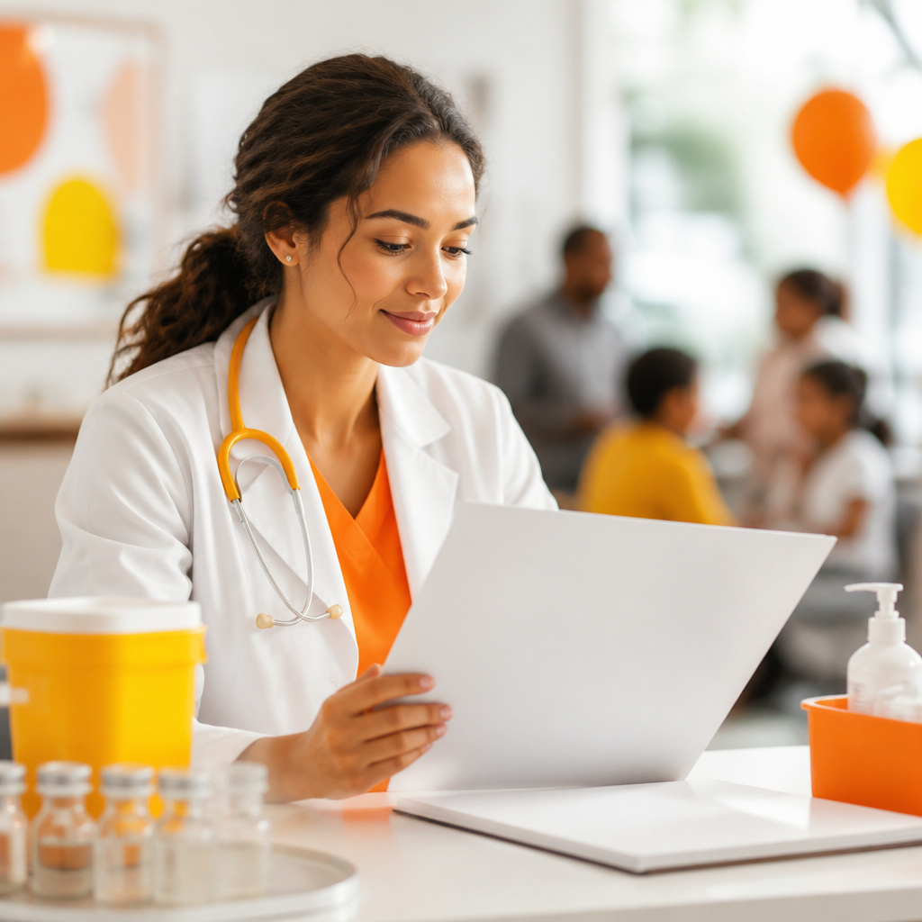 A clinician reviewing blank immunization materials in a bright exam room, conveying staying up to date and protecting against outbreaks.