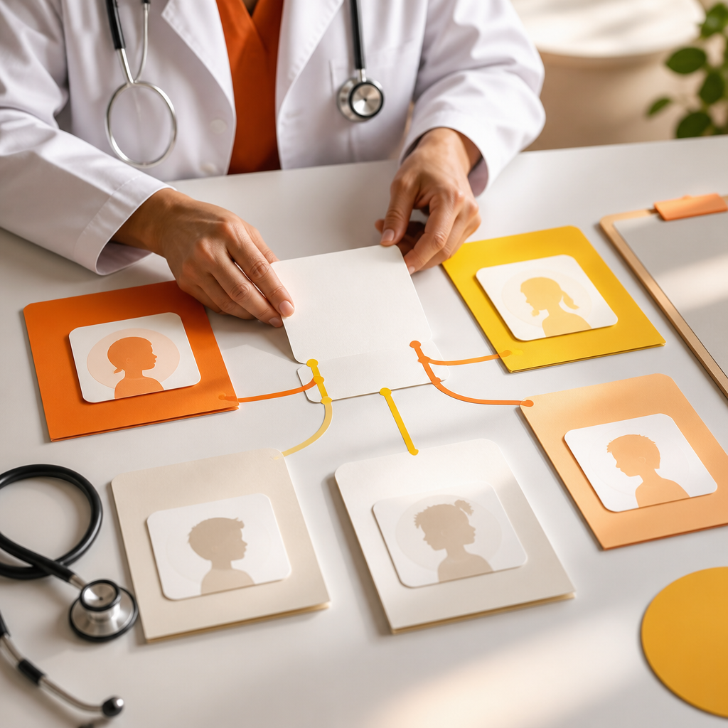 Pediatric clinician coordinating a blank care plan with connected folders and abstract flow lines on a table in a bright clinical setting.