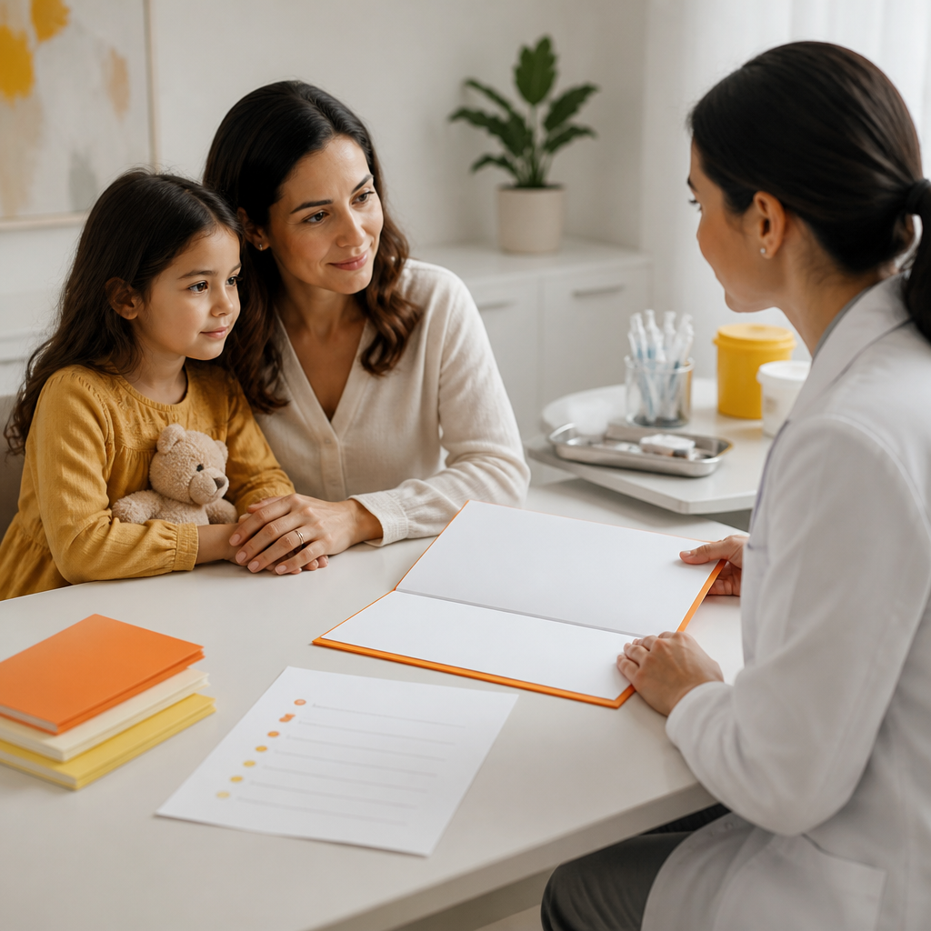 Parent and clinician preparing a vaccine visit with organized blank vaccine record folders and medication sheets on a modern clinic desk.