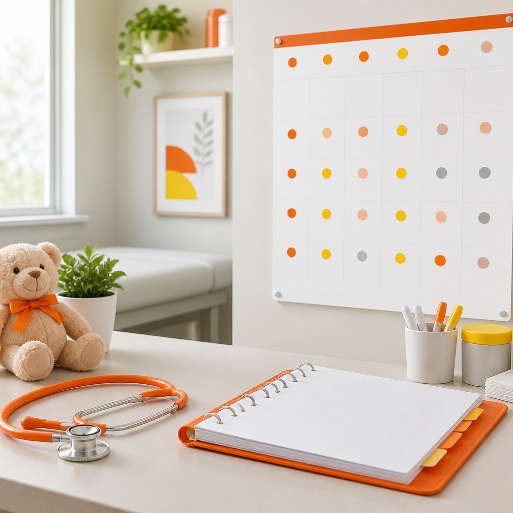 Clinician reviewing a blank vaccine care-planning binder with color-coded dot markers on a calendar-like layout in a bright pediatric exam room.