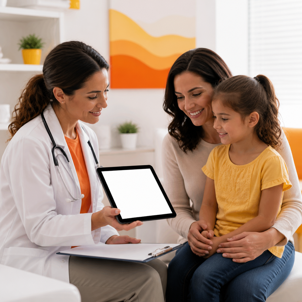 A pediatric provider and family member in a clinic reviewing blank record materials with a tablet that shows no readable content, accented in orange and gold.
