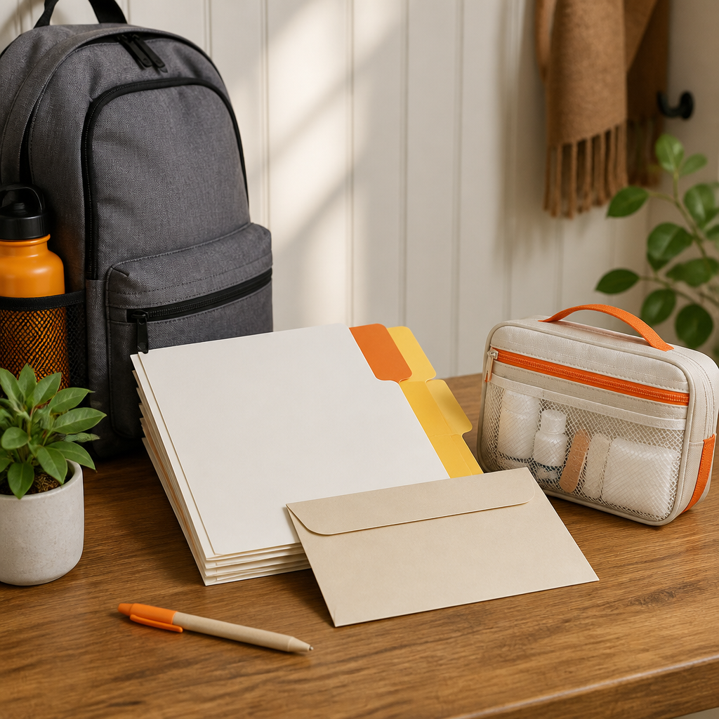 A neatly organized tabletop with a backpack, blank paperwork folders, and a small medical kit arranged for a camp vaccine visit with orange and gold accents.