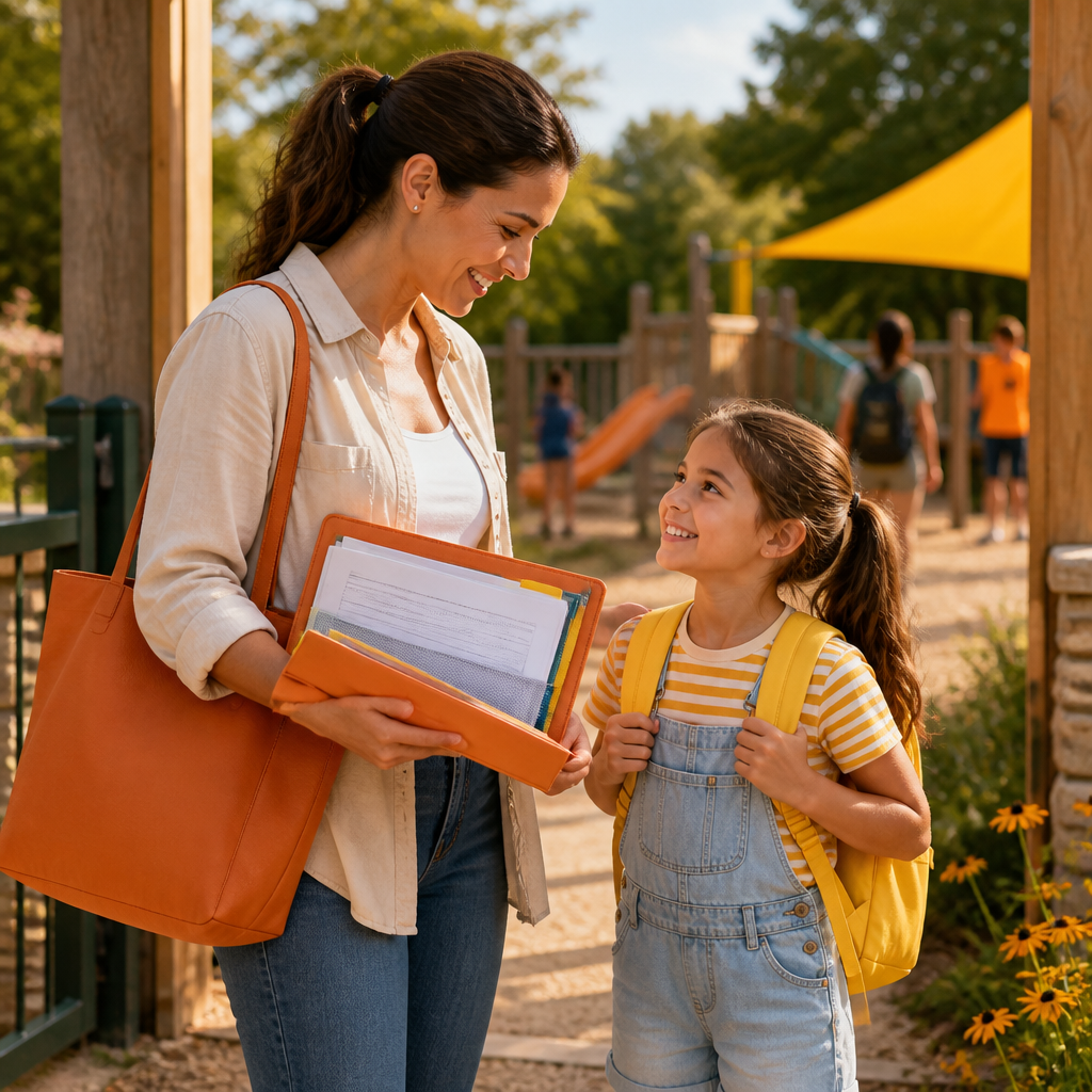 A parent and child at a summer camp entrance holding a blank health paperwork folder with orange and yellow accents in the scene.