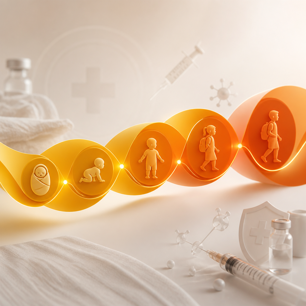 An abstract glowing timeline of warm orange and yellow segments with subtle medical motifs, representing vaccine schedule progression across childhood.