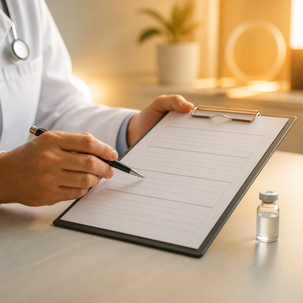 A clinician reviewing a clipboard with blank check areas next to a vaccine vial in warm orange-accented clinical lighting, conveying catch-up planning.