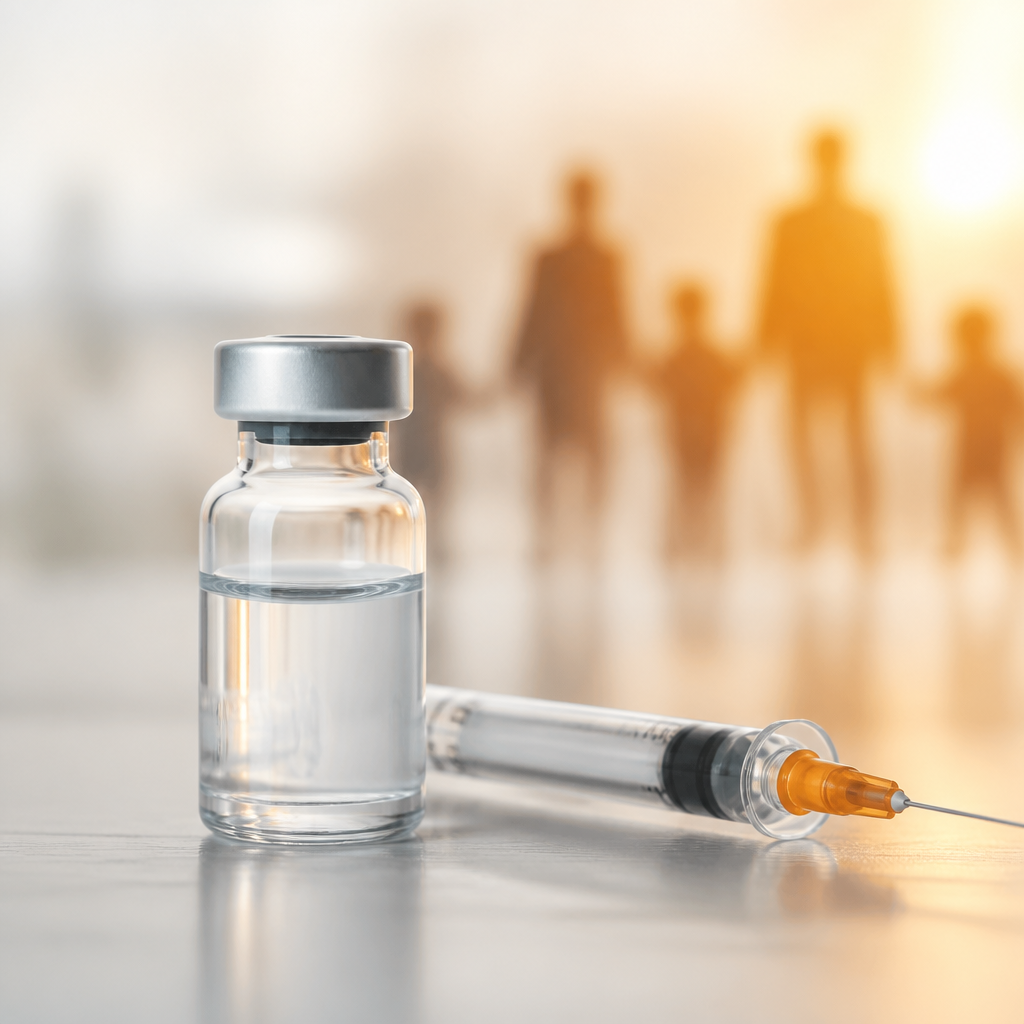 A close-up of a vaccine vial and syringe in warm clinical lighting with orange and gold accents, conveying prevention and immune protection.