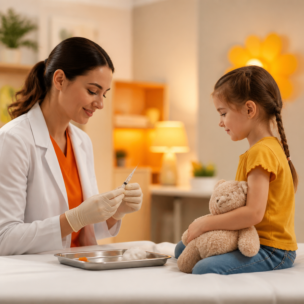 A calm pediatric exam room with a clinician preparing for immunization and comforting elements nearby, styled with warm orange and gold lighting to suggest a predictable, reassuring visit.