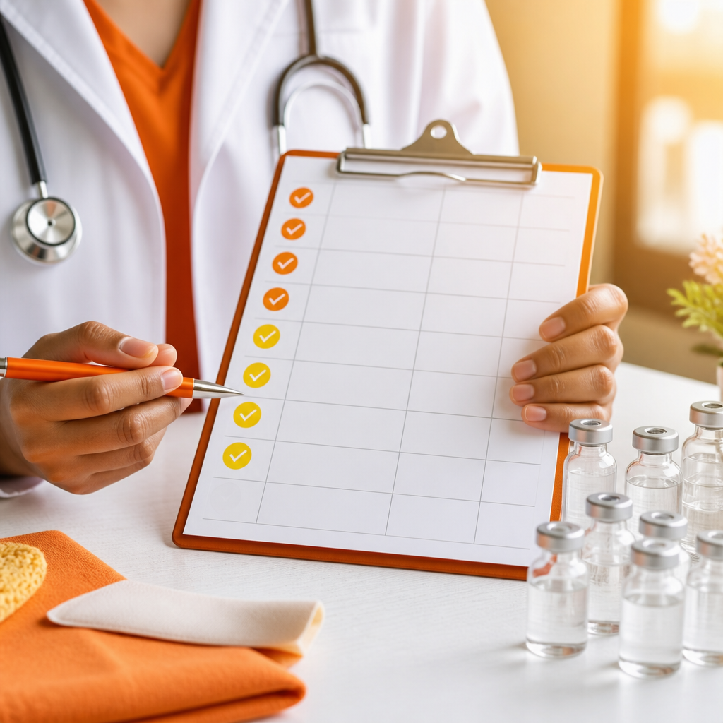 A clinician reviewing a blank vaccination record clipboard with colorful check-mark styling and vaccine vials in a clean, organized healthcare setting with orange and gold accents.