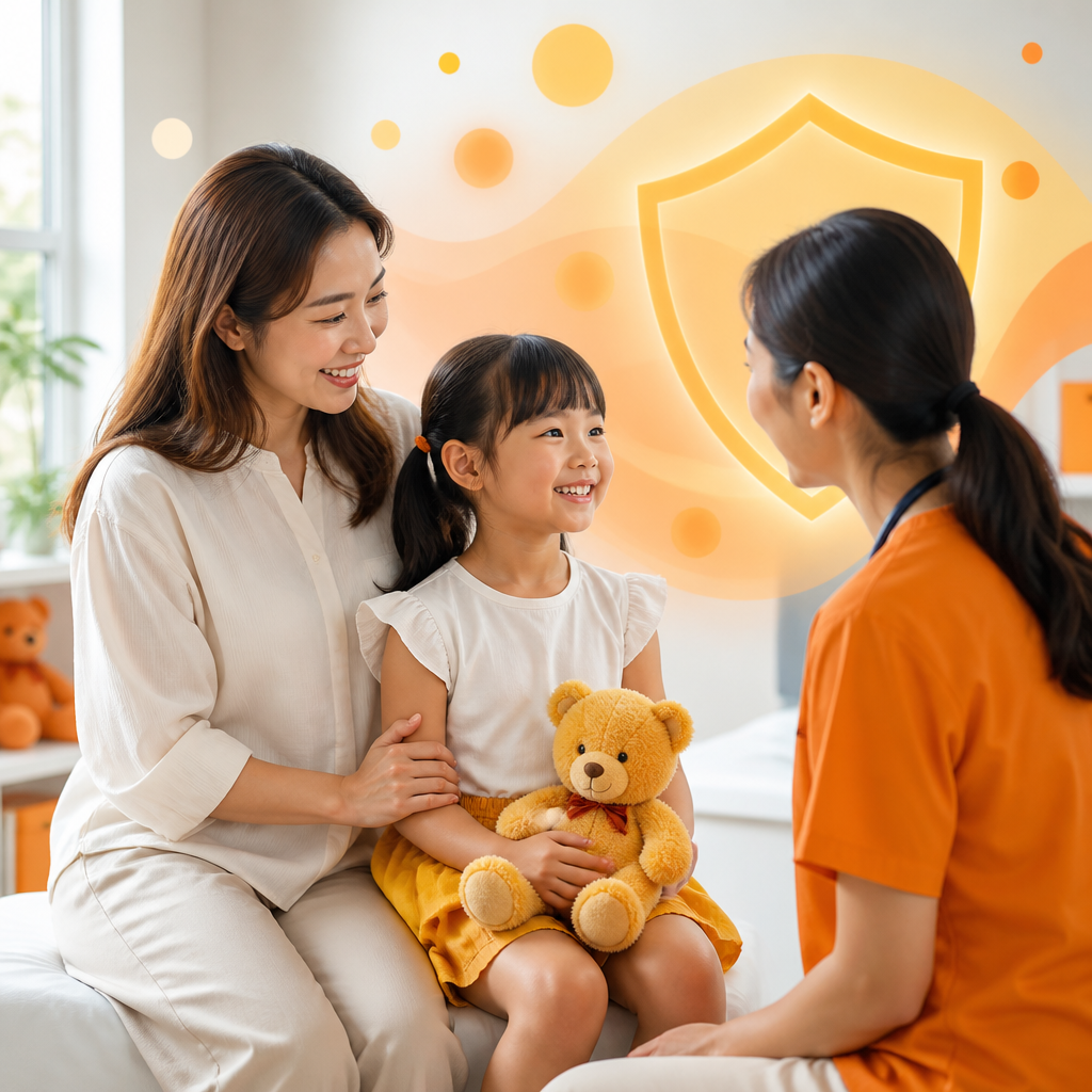A parent and child in a bright pediatric setting with warm orange and gold color accents representing immune protection and protection from serious childhood diseases.