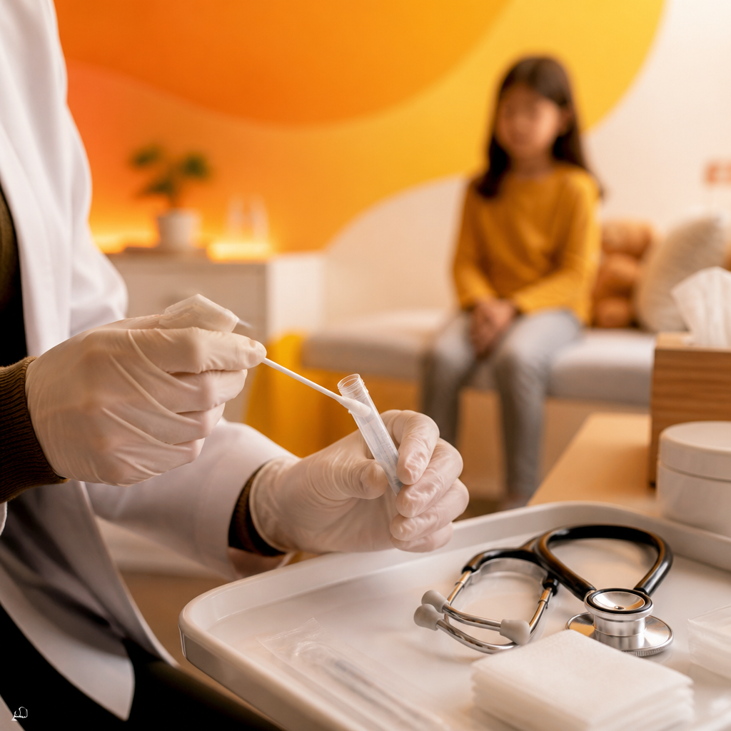 Close-up of a pediatric clinician preparing cold/flu swab testing supplies on a clean tray in an exam room