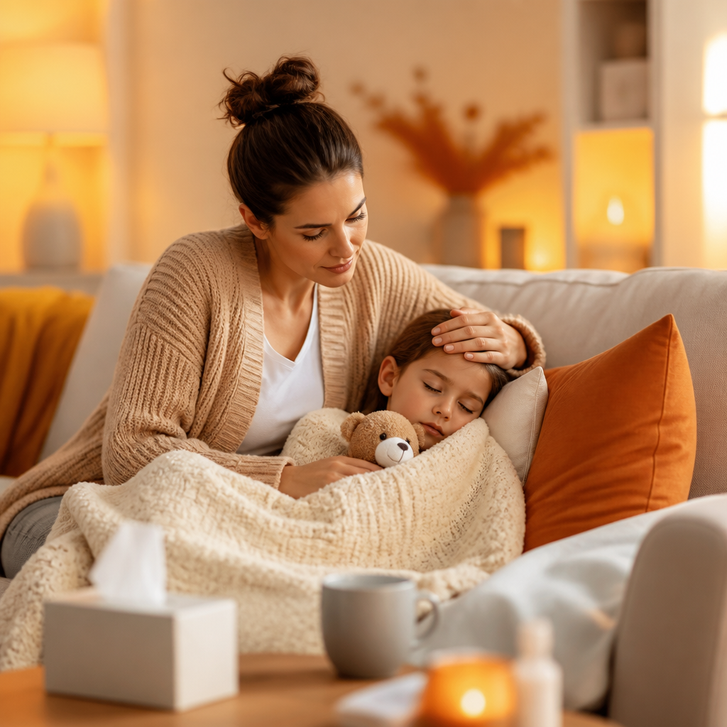 A parent soothing a child who is resting at home, with warm orange and yellow lighting accents suggesting comfort and recovery.