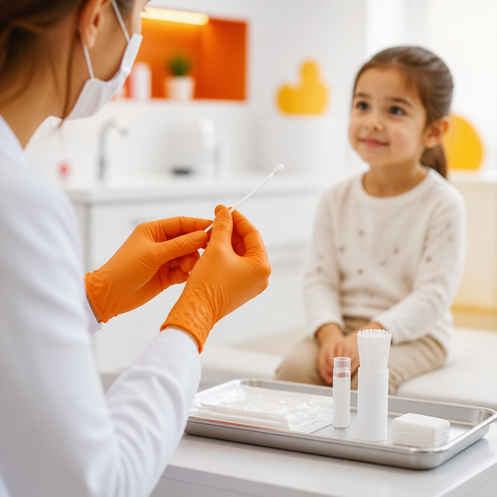 A close-up view of a clinician preparing a sterile swab on a clean pediatric clinic tray with orange and yellow lighting accents.