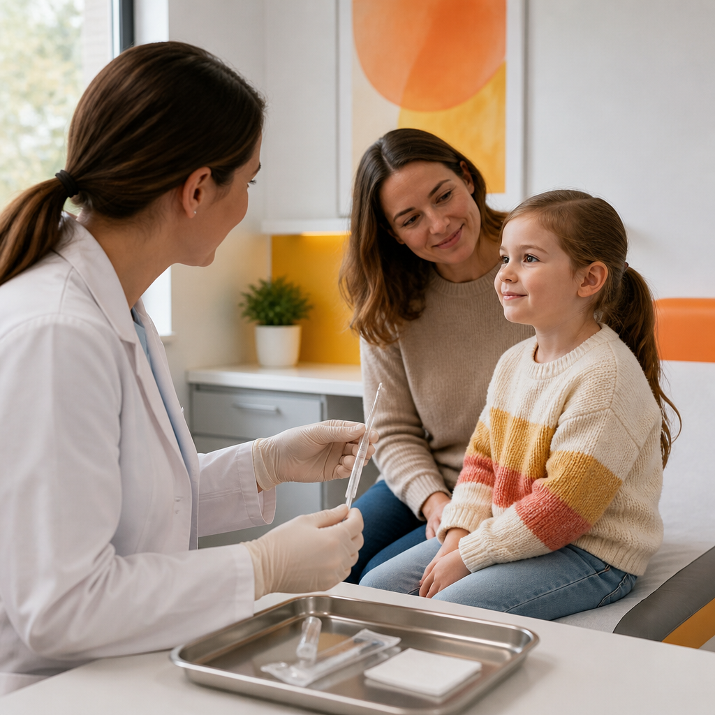 A pediatric clinician holding a nasal swab kit during a calm exam visit while a parent and child wait nearby in a bright clinic room