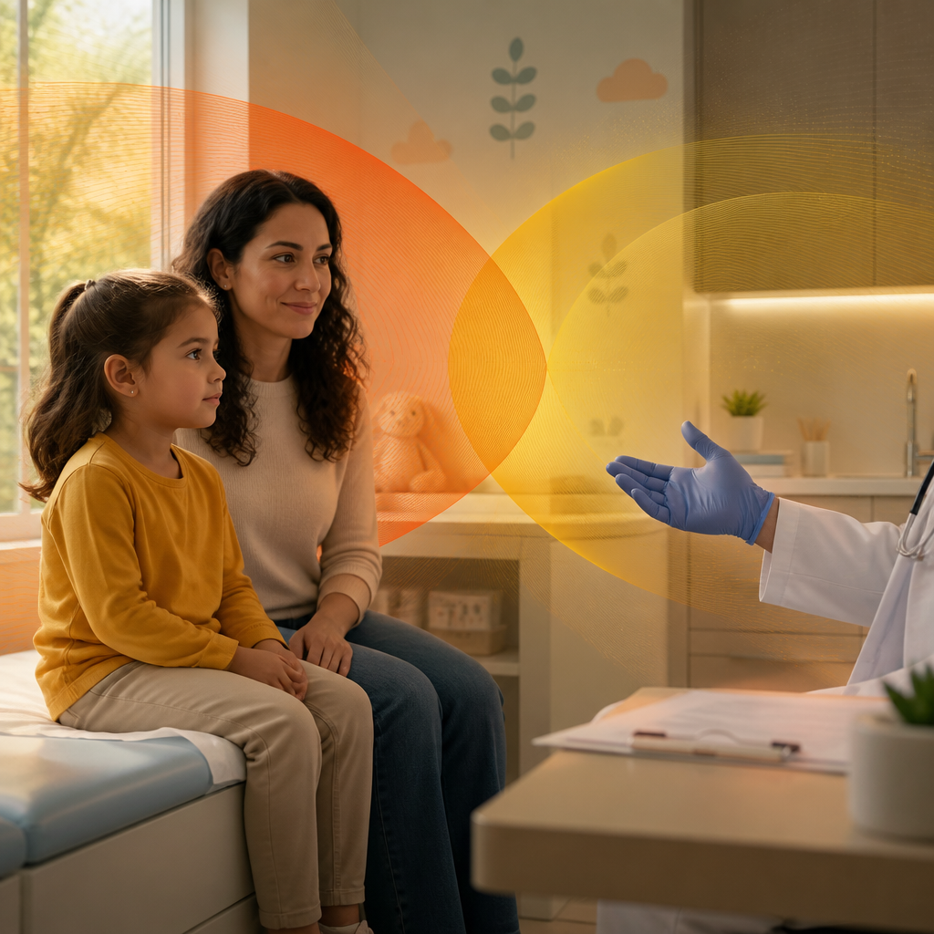 A pediatric exam room with a clinician’s gloved hand in the foreground and soft orange and yellow overlays symbolizing overlapping cold and flu symptoms.