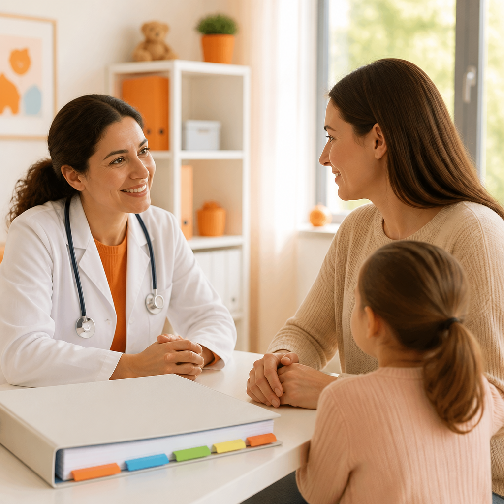 A consultation scene in a pediatric office showing a clinician and parent reviewing long-term care materials with blank, non-readable chart tabs.