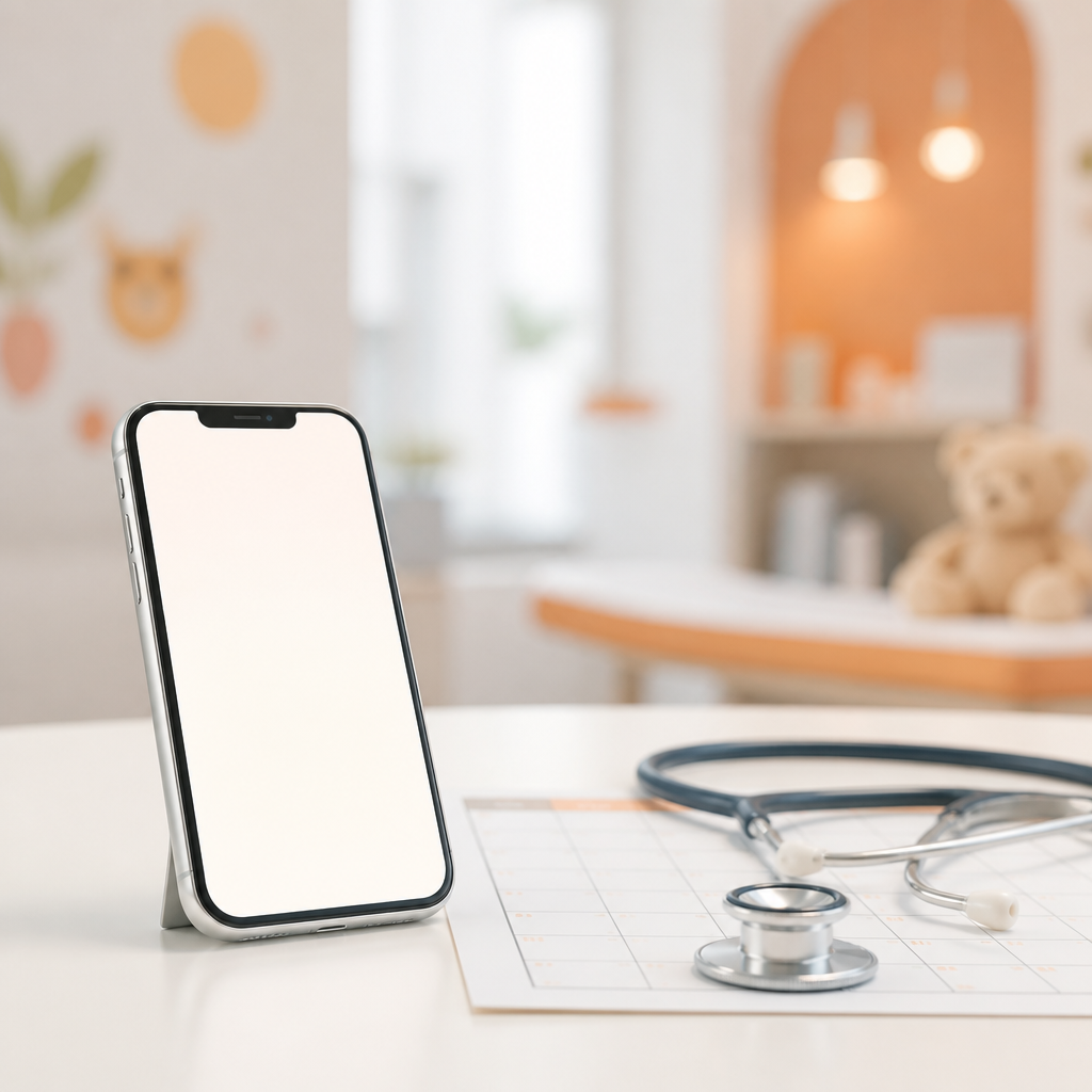 A smartphone with a blank screen and a few care items on a clean desk, suggesting flexible pediatric appointment access with no readable text.