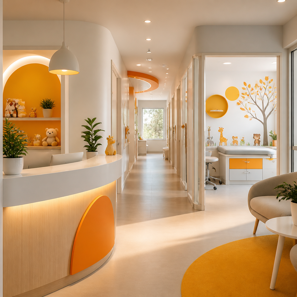 Bright modern pediatric clinic interior with warm orange and golden decor accents and a calm, welcoming layout.