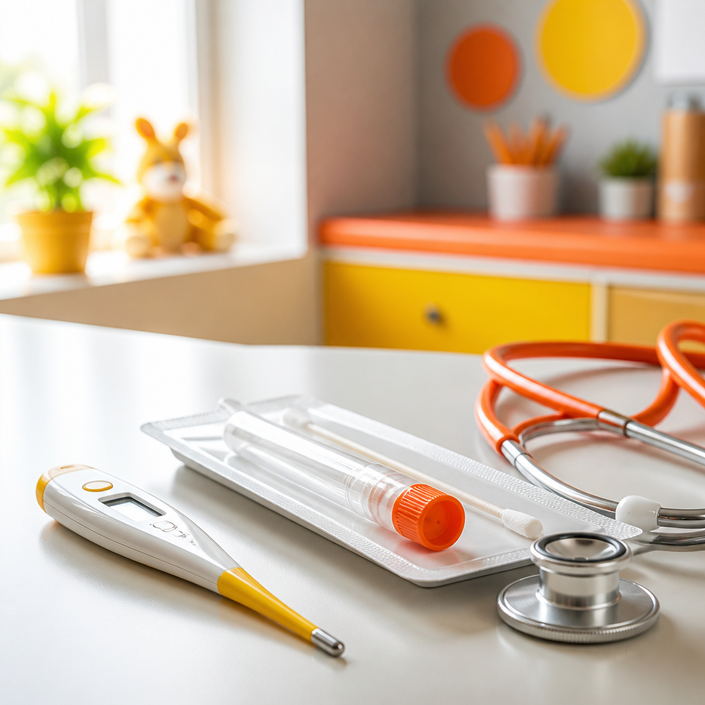 Thermometer and respiratory testing supplies arranged on a clean pediatric clinic table with warm orange and yellow accents.
