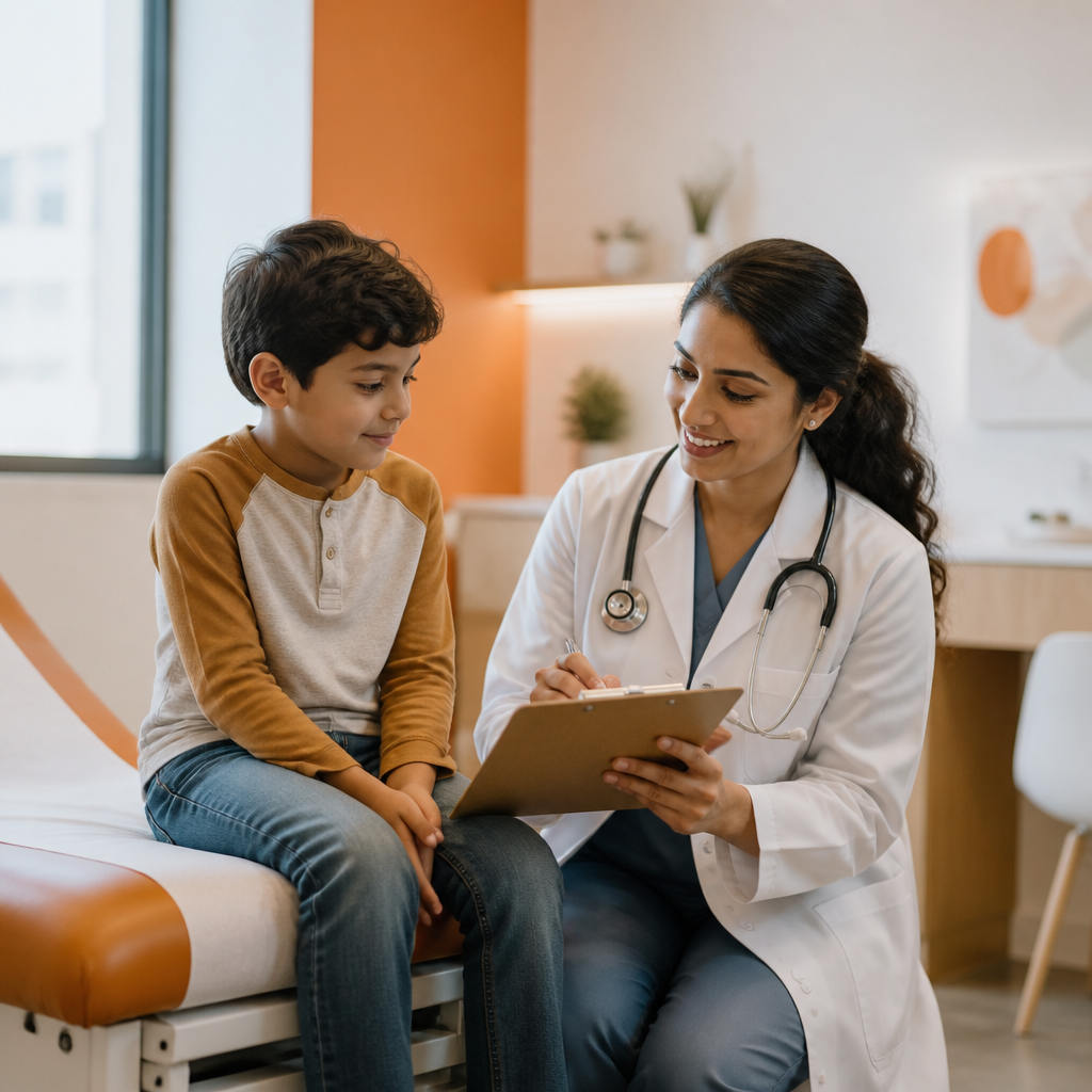 A pediatric clinician reviewing a child’s visit materials in a modern exam room, with warm orange accents and a calm clinical atmosphere.