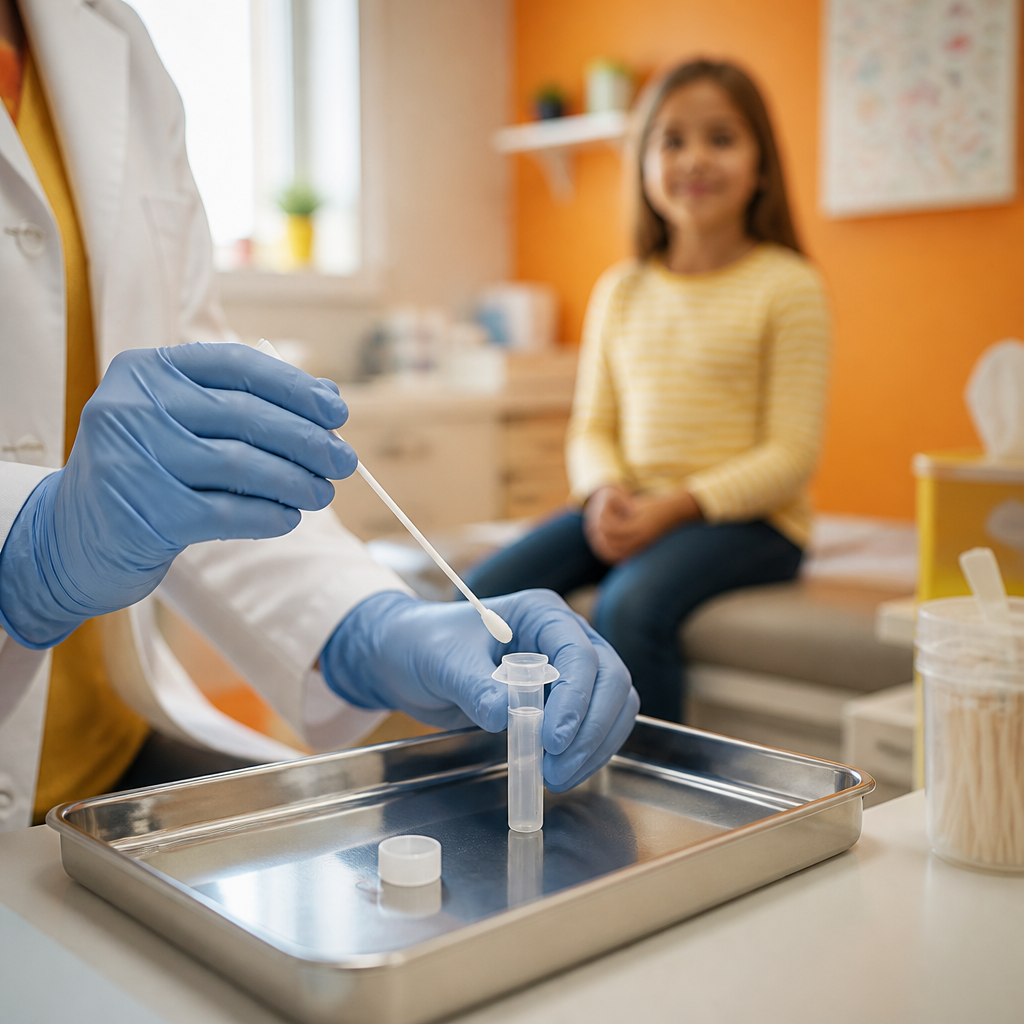 Gloved hands preparing a respiratory swab in a pediatric exam room with soft natural light and warm orange accents.