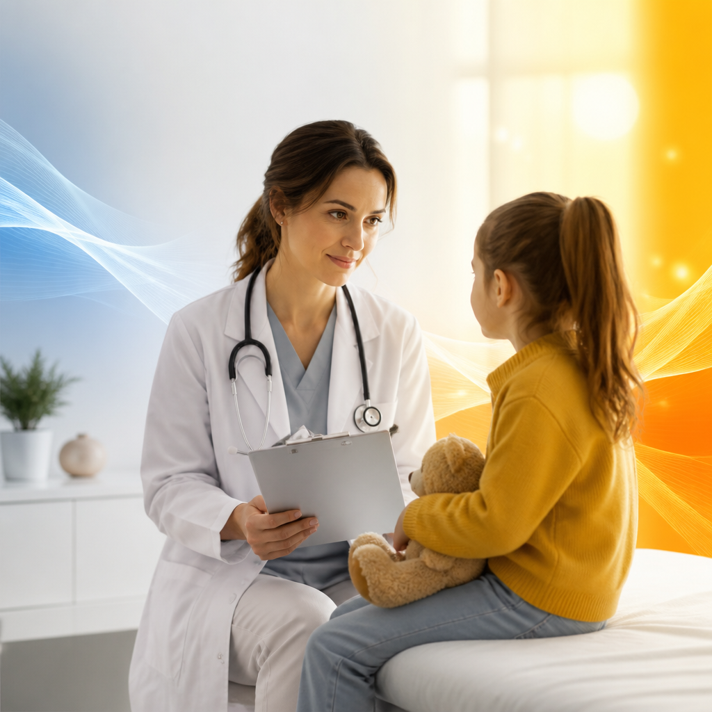A pediatric clinician in a bright exam room reviewing a blank symptom clipboard with a stethoscope, with warm orange and gold accents and clean neutral lighting.