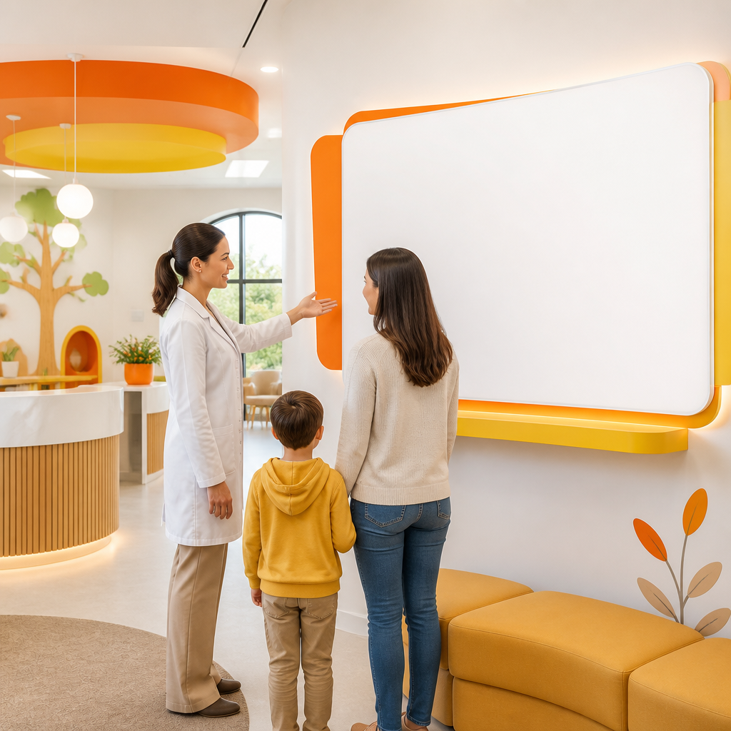 A bright pediatric clinic reception area with a clinician guiding a parent toward next steps, using clean neutral tones with orange and gold accents and no readable text.