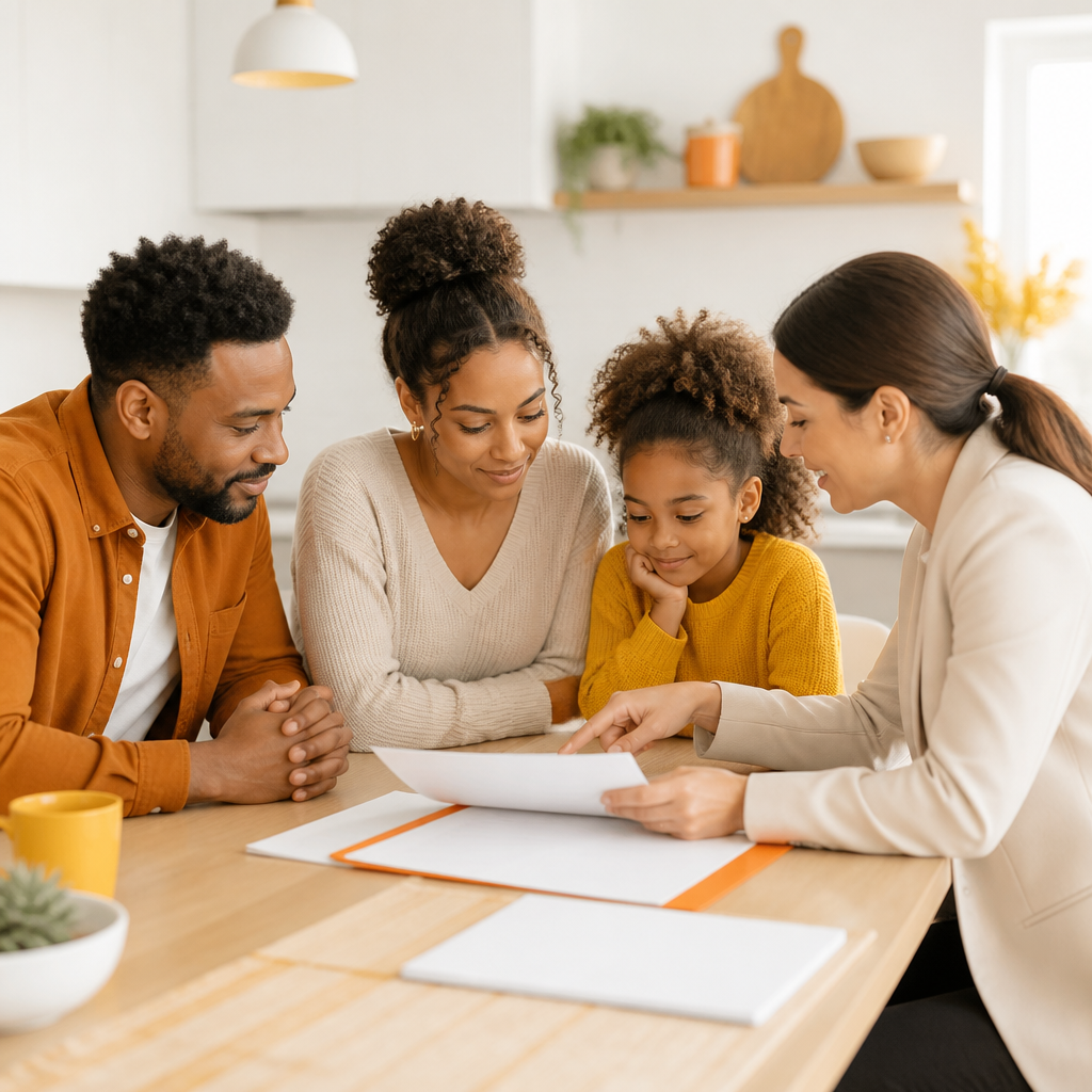 A family reviewing blurred, blank healthcare documents at a kitchen table with warm orange and gold accents and a clean neutral background.
