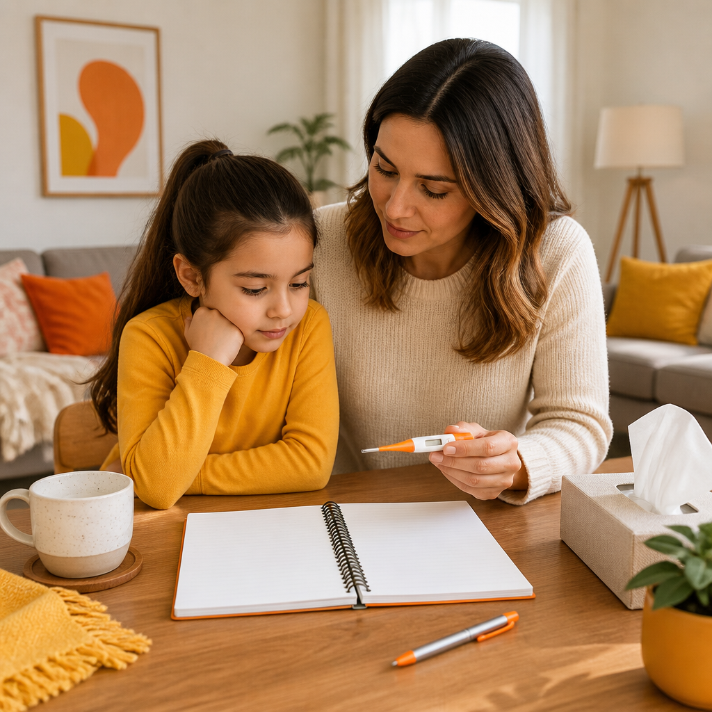 A family table scene with a blank symptom log notebook and a thermometer under warm orange-accented lighting.
