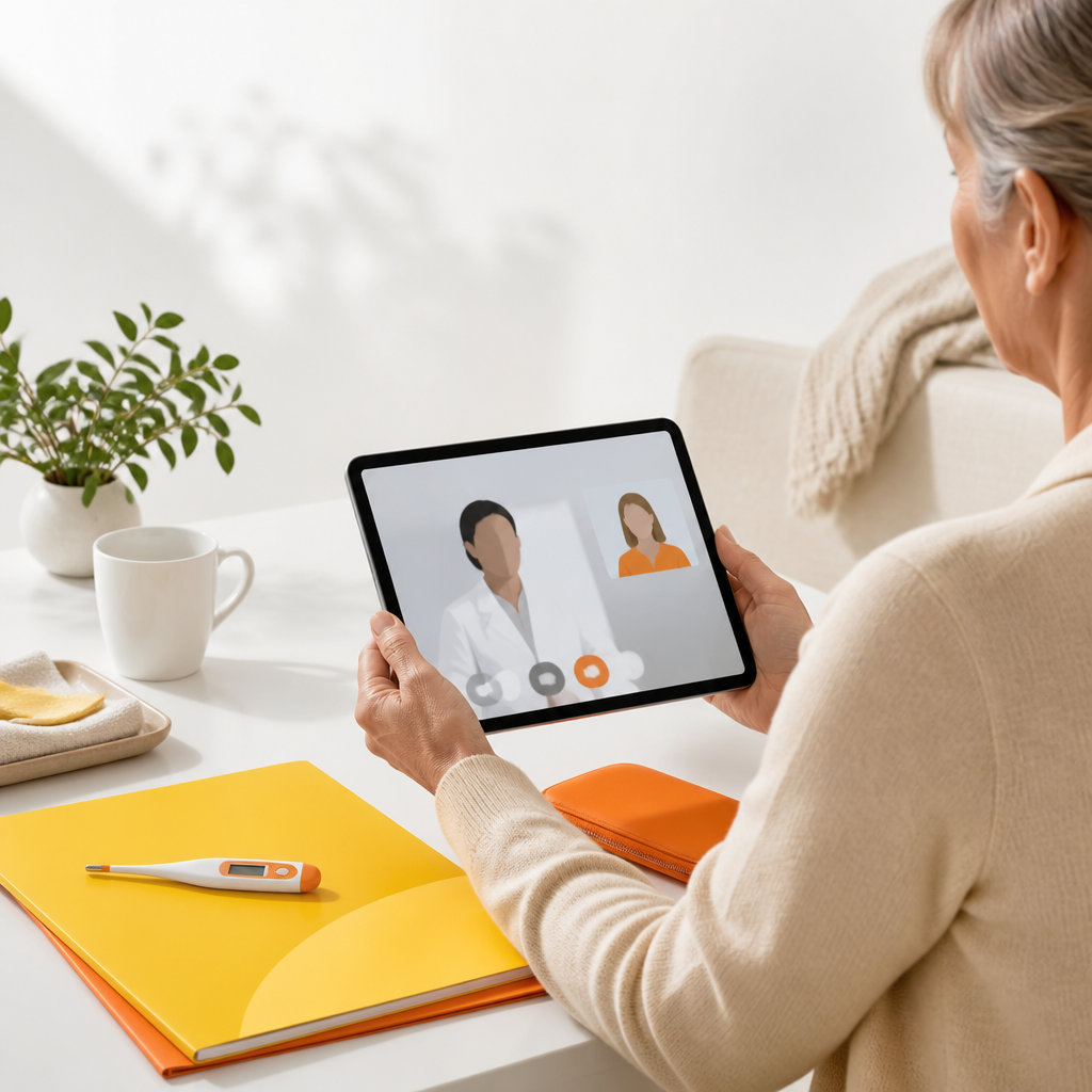 A caregiver holding a tablet with an abstract telemedicine scene while medical items are organized nearby in warm orange and soft yellow tones.