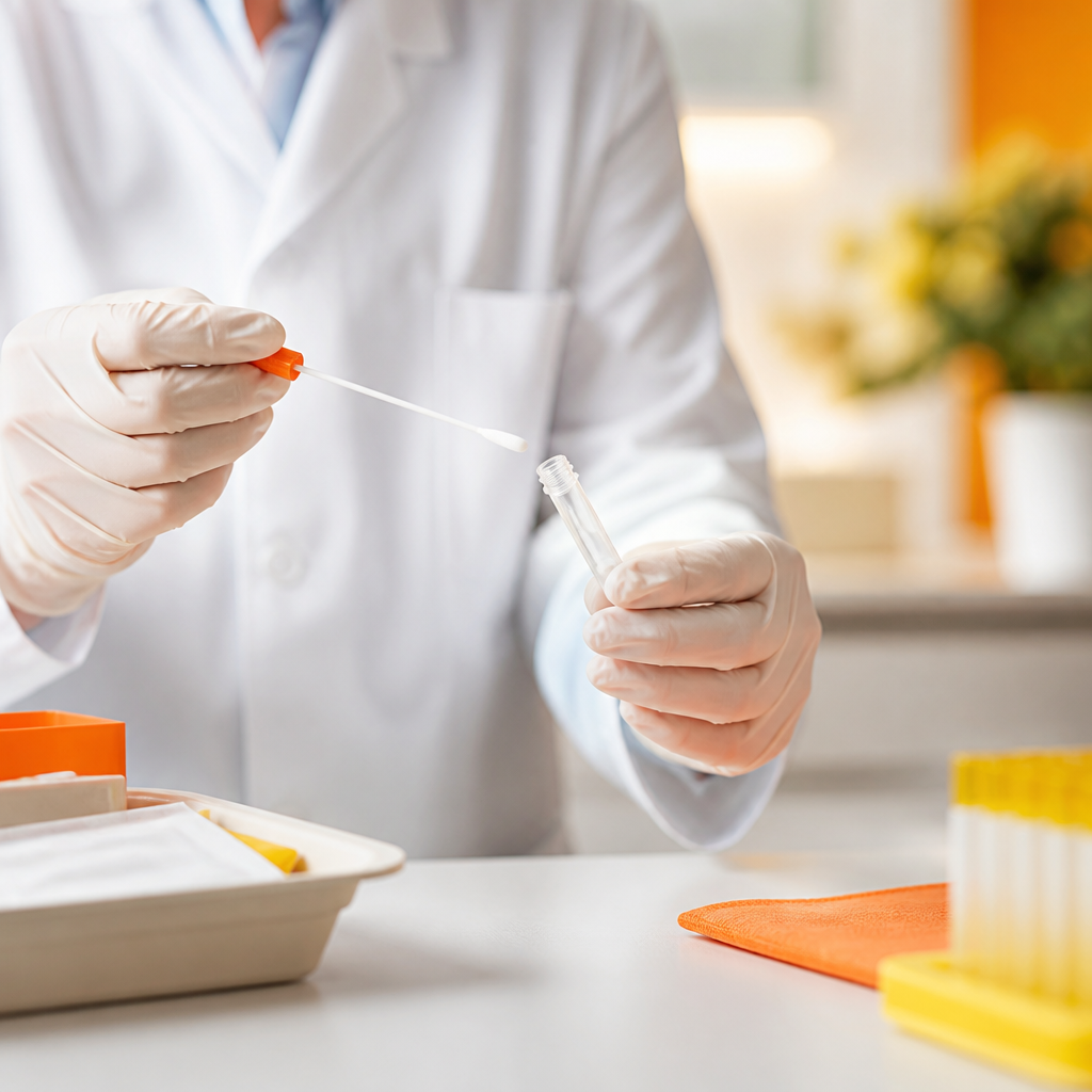 A clinician’s hands holding a test swab and specimen tube on a clean exam table with warm orange lighting accents.