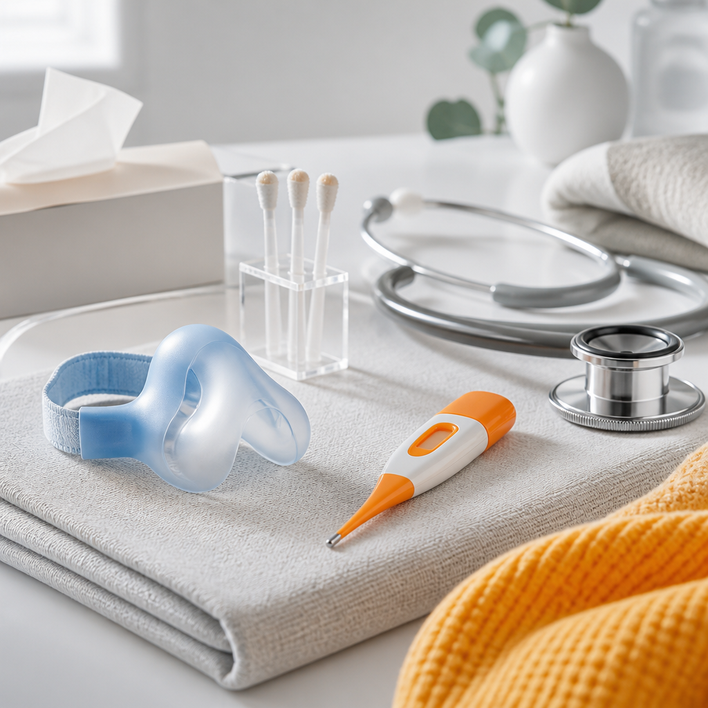 A clinical tabletop scene with medical instruments and color-accented respiratory-care items in a clean, modern setting.
