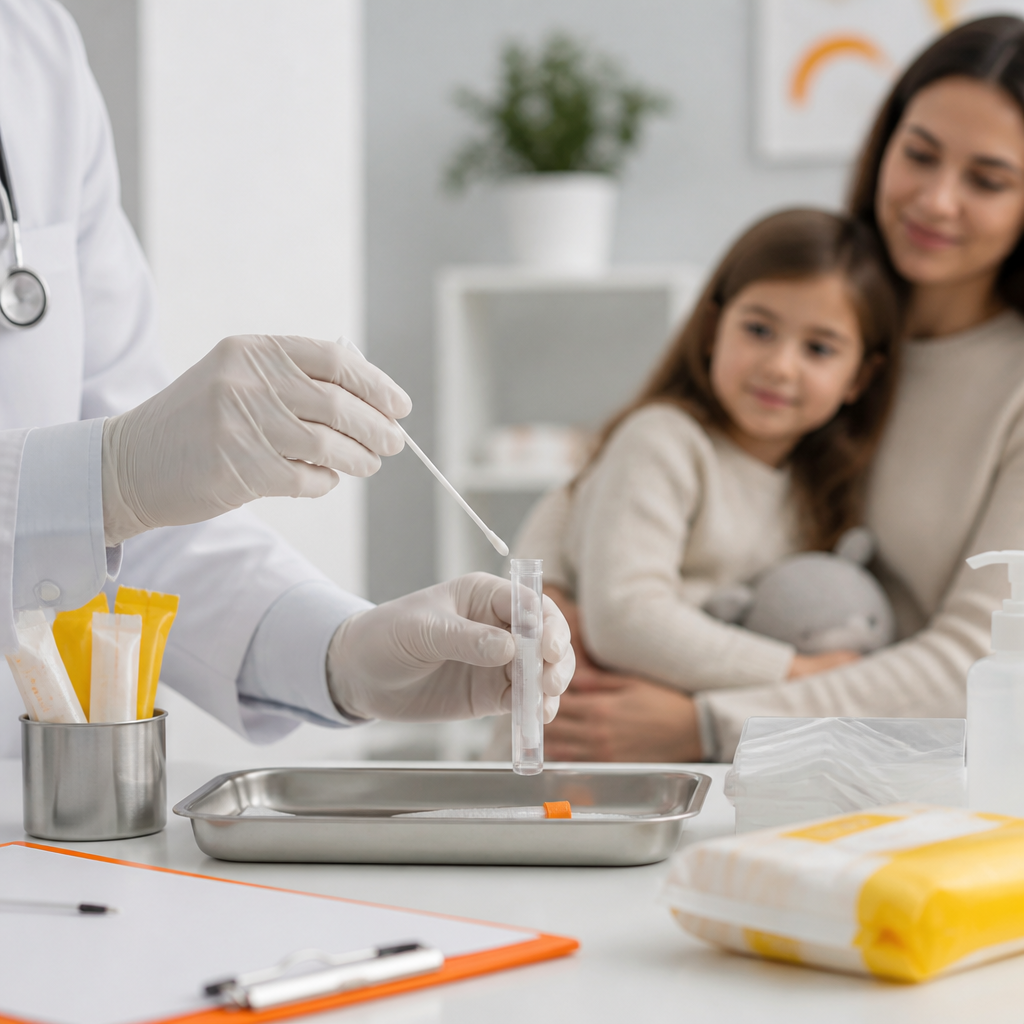 A pediatric clinical tray setup showing a swab preparation in a warm, family-friendly exam room setting with no readable markings.