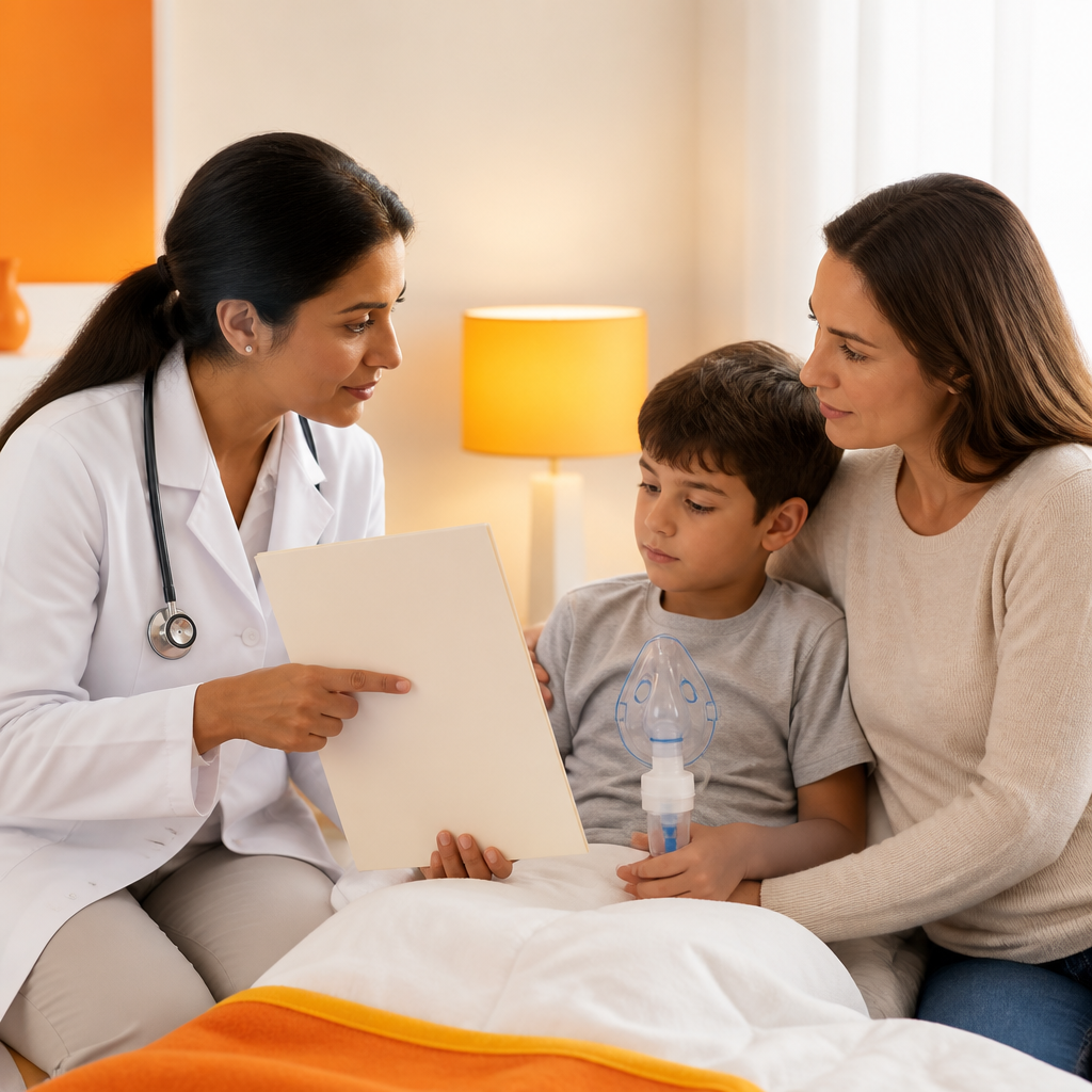 A clinician and parent in a calm setting with asthma-support essentials like a nebulizer mask and a blank folder for guidance.