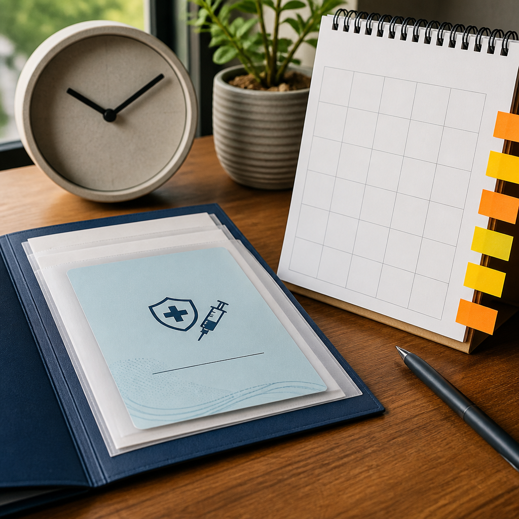 A modern desk with a vaccination record folder, blank calendar pages, and organizational tools using orange and yellow accents.