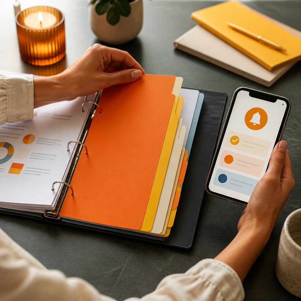 Hands organizing a binder with blank tab dividers and reminder icons represented only by abstract shapes in orange and yellow tones.