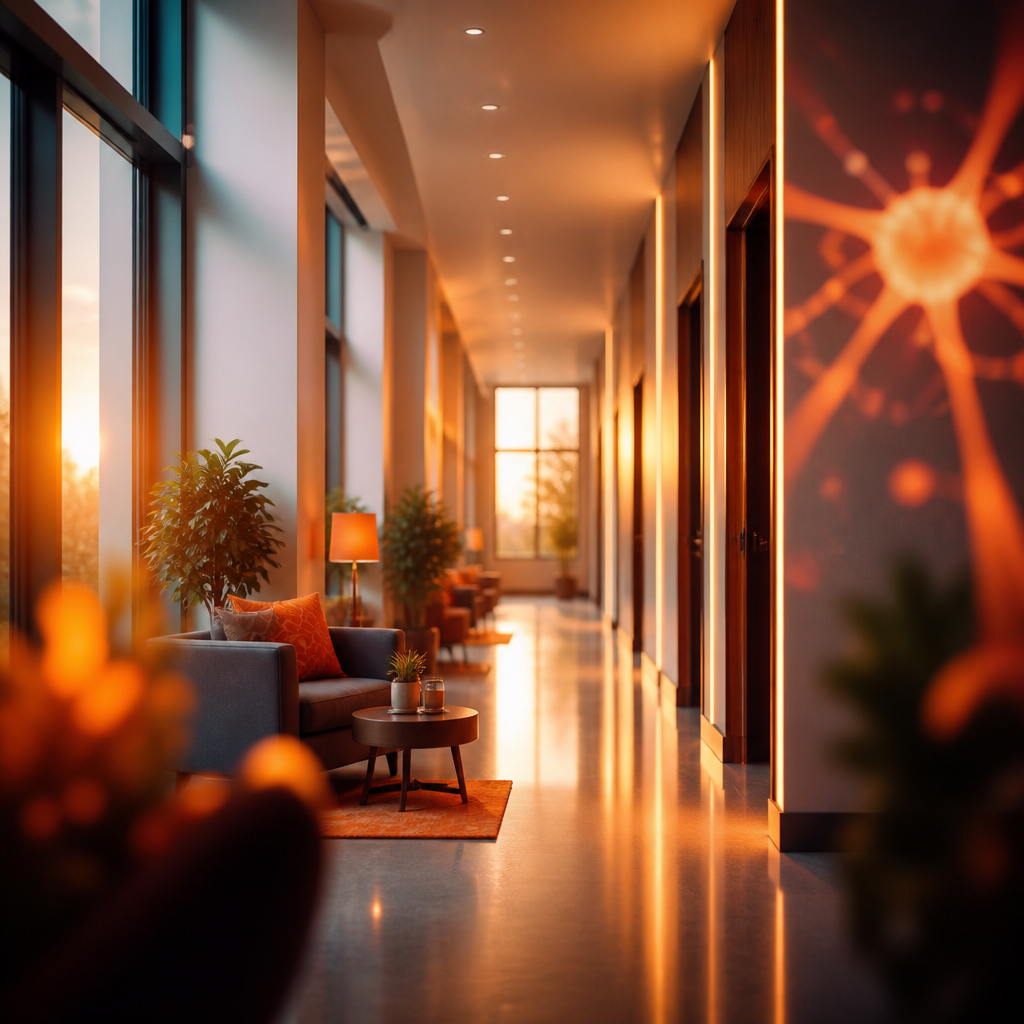 A modern college residence hall hallway with warm orange and yellow medical-prevention lighting and soft bokeh accents.