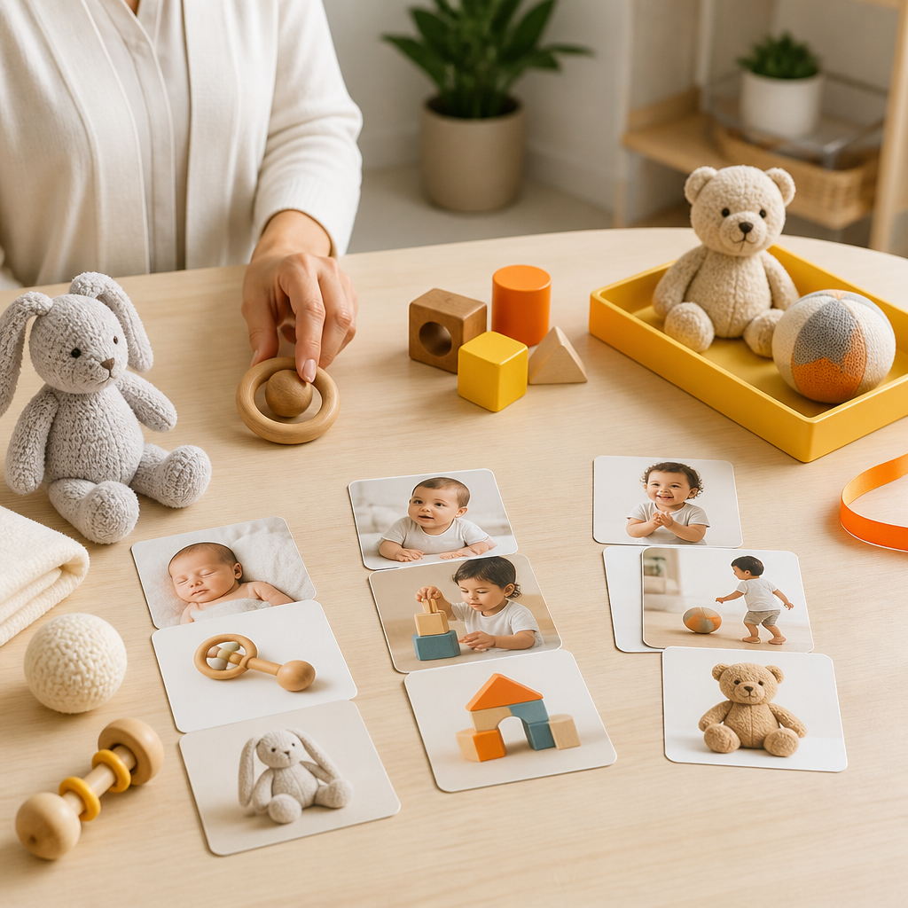 Child-focused developmental activity items arranged on a clean tabletop under soft light, conveying age-based milestone support without any text or labels.