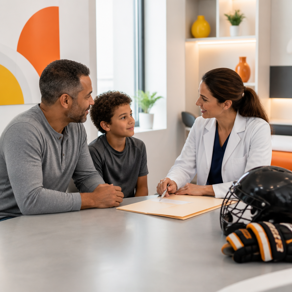 A parent and child seated in a clinic while a clinician reviews paperwork near sports-themed items, conveying communication about developmental concerns during a school or sports physical.