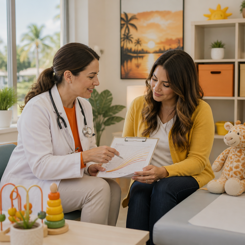 A pediatric clinician and parent discussing developmental planning in a bright exam room, with a clipboard and child-friendly materials on a table, in a calm supportive setting.