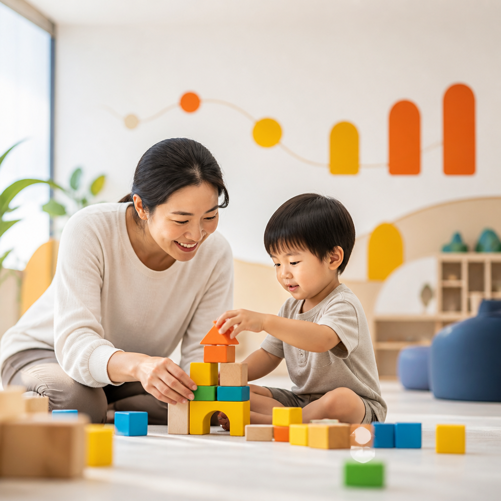 A parent and toddler playing with colorful building blocks with an abstract, non-text timeline motif in a bright interior.