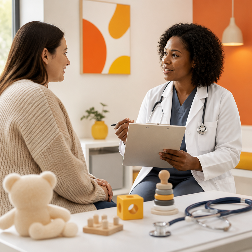A pediatrician and parent during a routine developmental screening in a calm exam room with blank paperwork and neutral clinical tools.