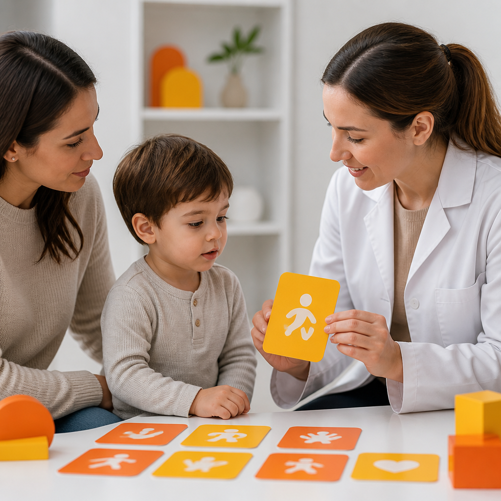 A parent and pediatric clinician examining colorful, non-text developmental domain cards in a bright clinic setting.