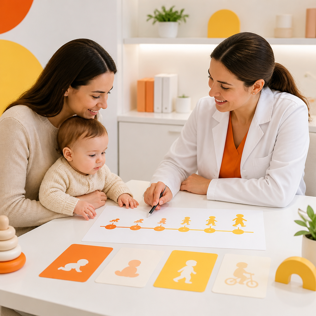 Parent and pediatric clinician reviewing developmental milestone cards on a bright clinic desk with an abstract color-coded timeline in brand-aligned orange and yellow tones.