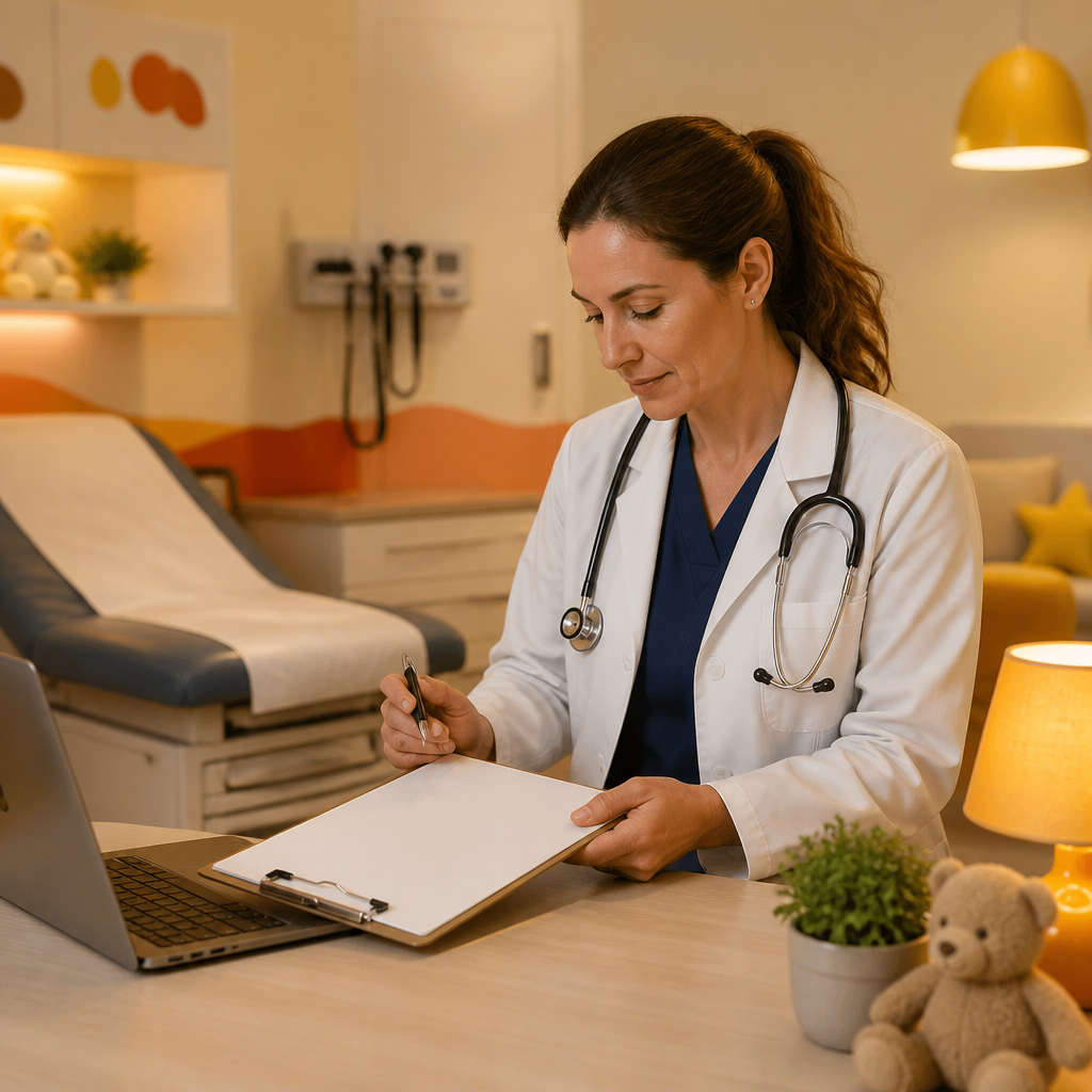 Pediatric clinician reviewing a blank guidance checklist in a warm, child-friendly urgent care exam room with brand-aligned orange and soft yellow lighting highlights.