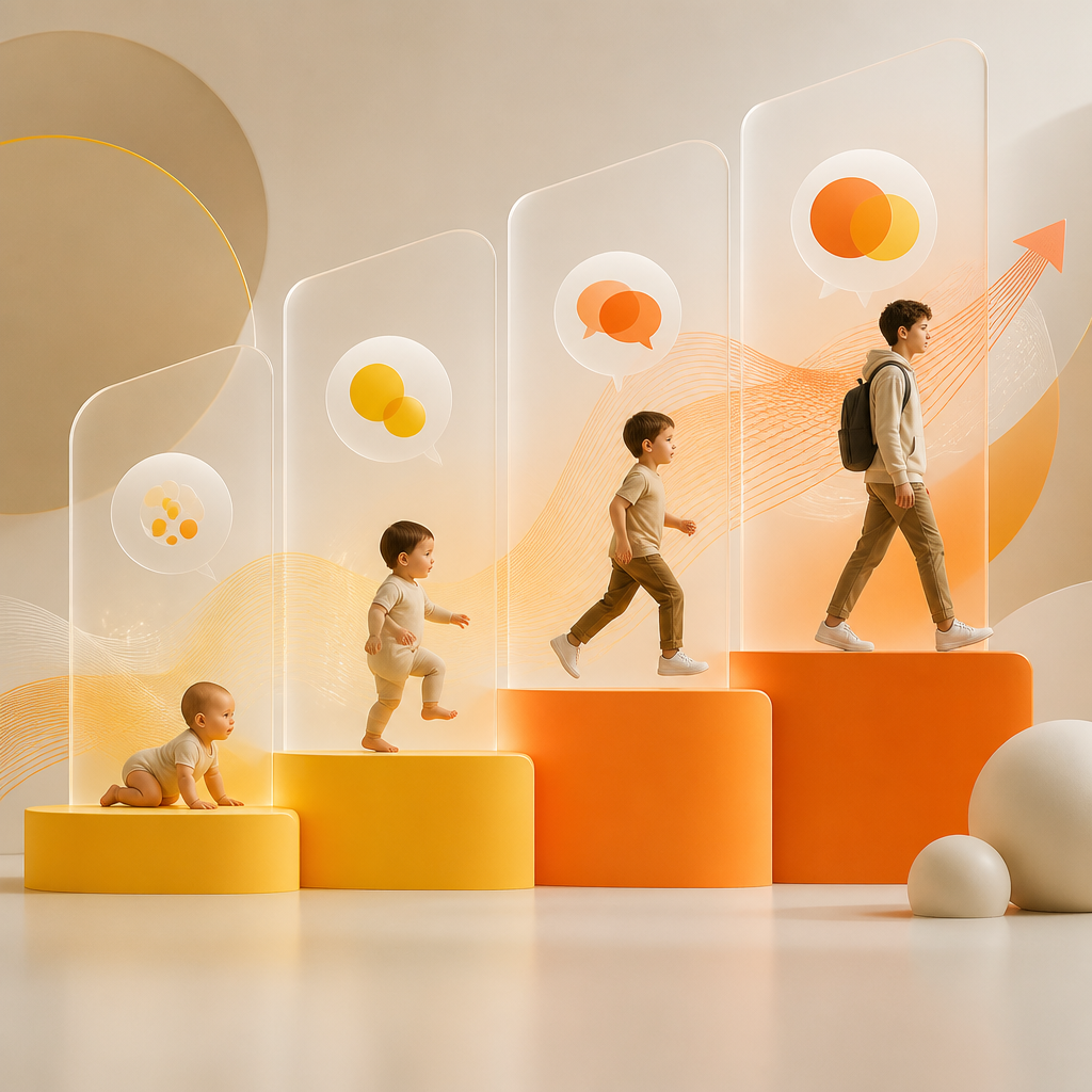 Abstract layered progression of developmental stages using milestone blocks and translucent panels in orange and soft gold tones, suggesting early communication and movement development without any text.