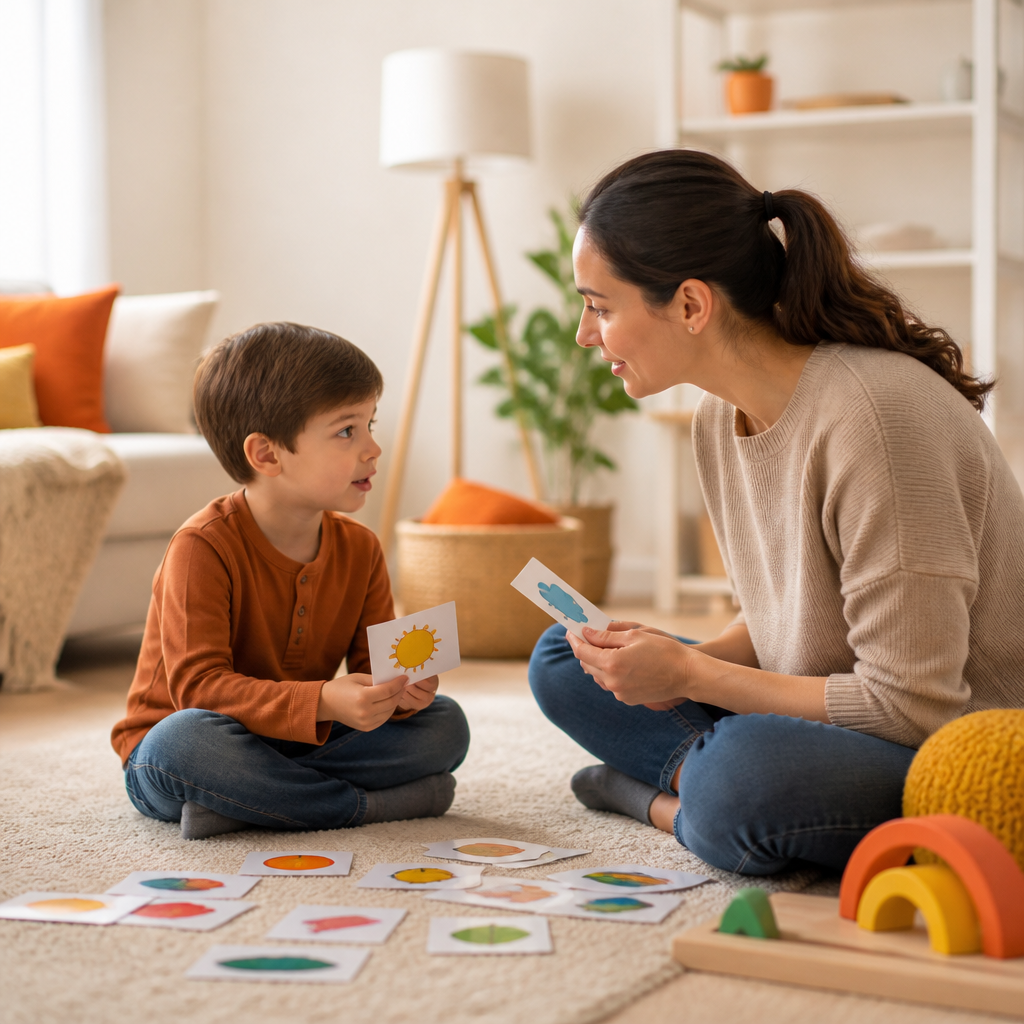 A parent and young child engaging in communication play with colorful word-free cards and toys in a warm, calm room setting.