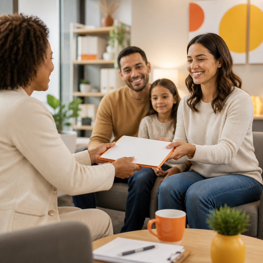 A family-centered care moment showing a care coordinator handing over a blank folder in a bright, modern setting with warm orange and gold accents.